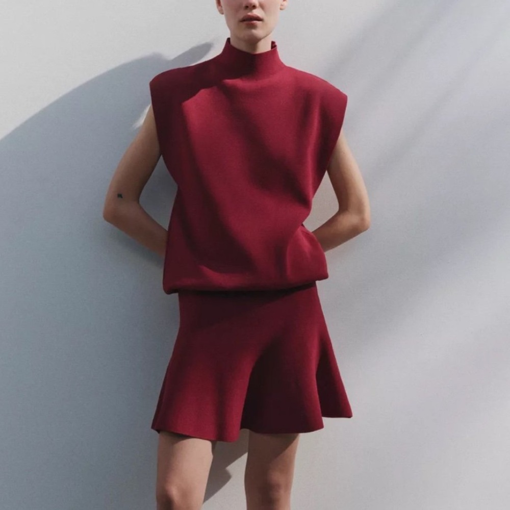 ZARA Red Two-Piece Set Coord Mock Neck Top & A-Line Mini Skirt Valentine’s